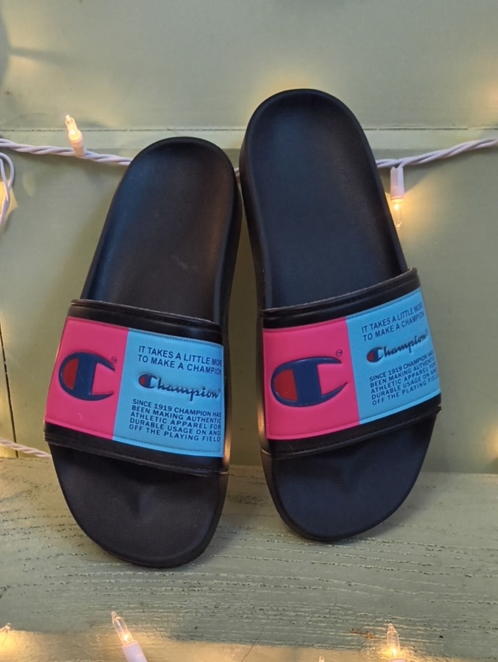 Women's Champion Black Jumbo Label Pink Blue Slide Slip On Pool Sandals 8